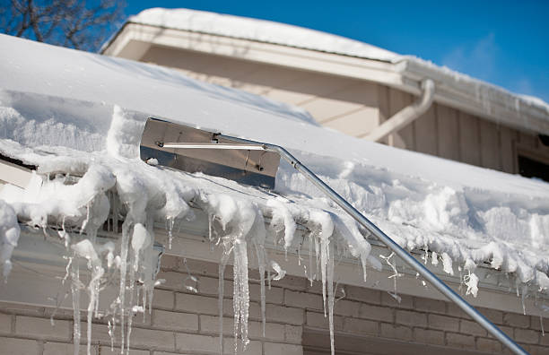 angolo di spoglia spalare la neve casa tetto - snow remover foto e immagini stock