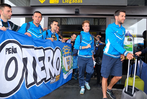 Oviedo, Spain - June 1, 2015: Arrival to the players and coaching staff of Real Oviedo after having Achieved promotion to the second division of the Spanish soccer yesterday before Cadiz CF in June 1, 2015 in Oviedo, Spain.