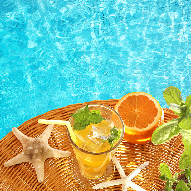 Summer drink with swimming pool on background