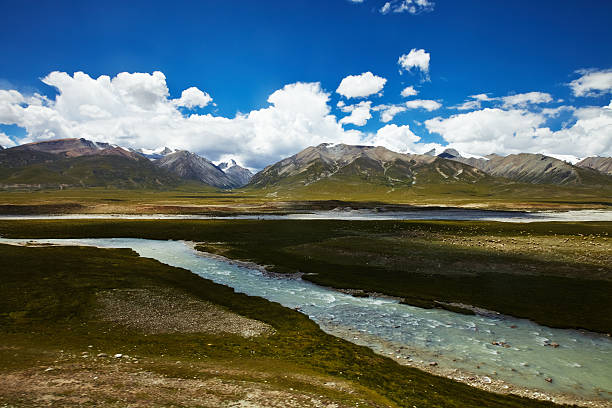 River and mountain landscape in Tibet stock photo