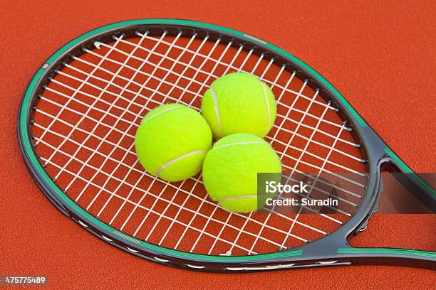 Tennis Court With Ball And Racket Stock Photo - Download Image Now - Activity, Close-up, Competition