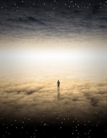 Mans between 2 layers of clouds and stars