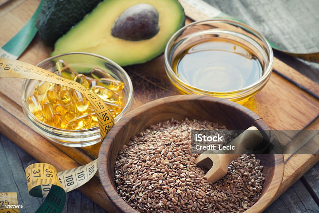 Sources of omega 3 fatty acids Sources of omega 3 fatty acids: flaxseeds, avocado, oil capsules and flaxseed oil Omega-3 Stock Photo