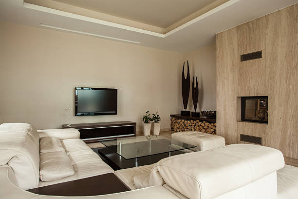 istock Travertine house: Fireplace in living room 475777311