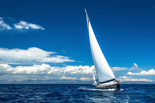 Classic sail boat in Mediterranean sea, aerial view