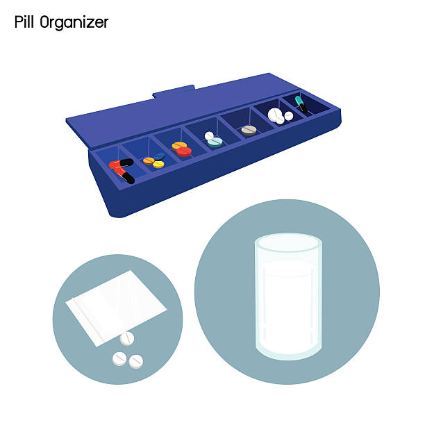 Pill Organizer for Each Day of The Week Medical Concept, Illustration of Pharmacy Bag with Pill Organizer, Pill Container or Pill Box Isolated on A White Background. pill organizer stock illustrations