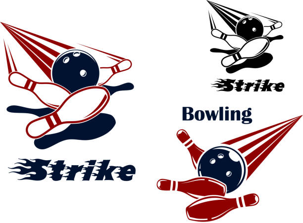 ilustrações, clipart, desenhos animados e ícones de jogada de boliche emblems com bolas e ninepins - retro revival bowling red blue