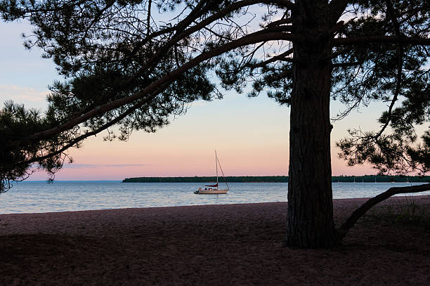 Sailboat anchored in bay in the Apostle Islands, Wisconsin stock photo