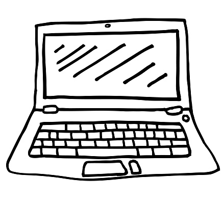 Laptop illustration in a simple, modern, doodle style, using black and white line.