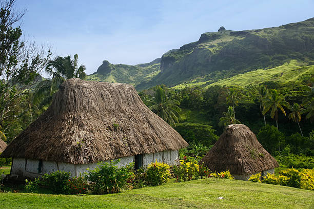Traditional houses of Navala village, Viti Levu, Fiji stock photo