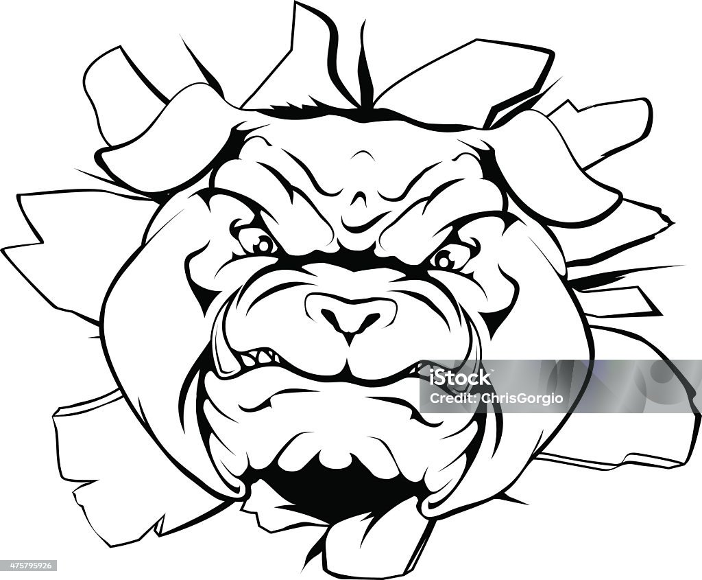Bulldog character smashing out An illustration of a cartoon tough bulldog character face tearing out of a wall Mascot stock vector