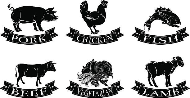 illustrazioni stock, clip art, cartoni animati e icone di tendenza di cibi del menu etichette - poultry