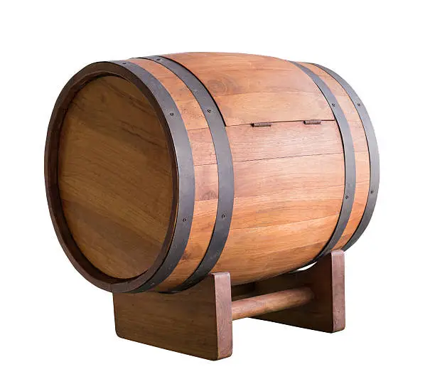 Wooden wine barrel with iron rings isolated on white with clipping path