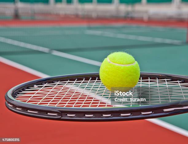 Tennis Court With Ball And Racket Stock Photo - Download Image Now - Activity, Close-up, Competition