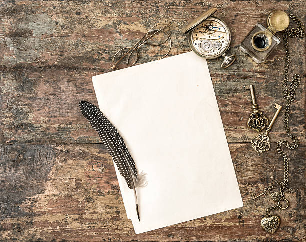 istock Open book and antoque writing accessories. Feather pen and inkwe 475801238