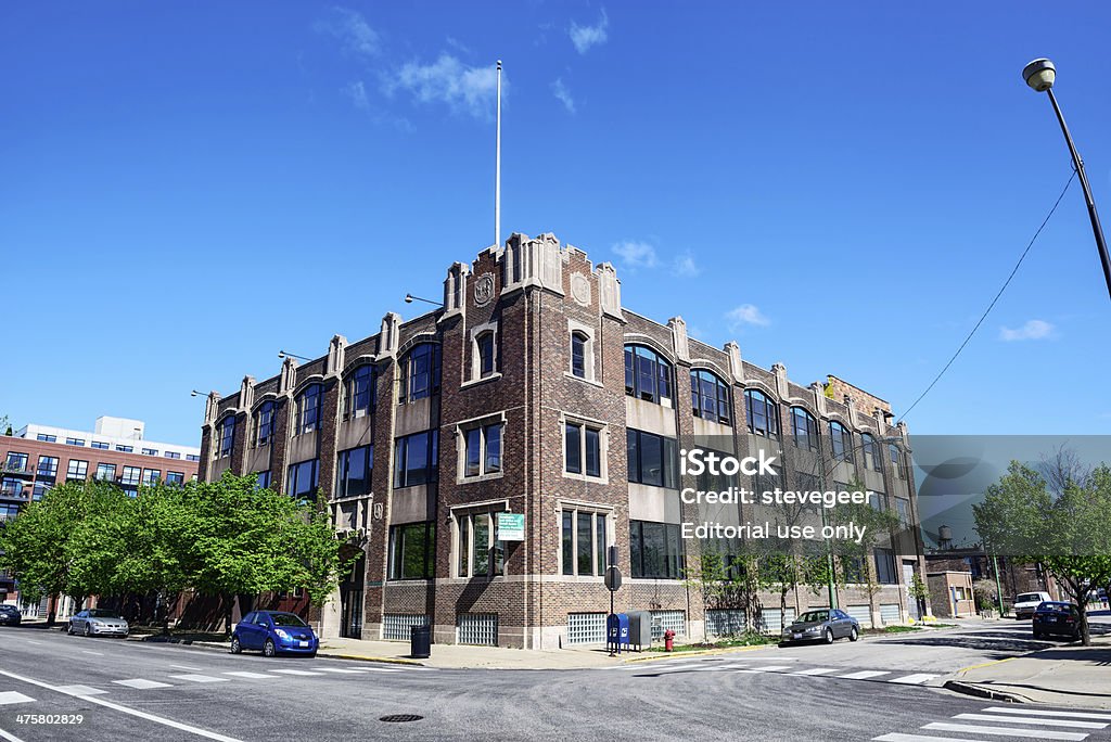 Tudor revival style factory building in Chicago Chicago, USA - May 12, 2013: Tudor revival style factory building on Washington Boulevard, Near West Side of Chicago. No people. 20th Century Style Stock Photo