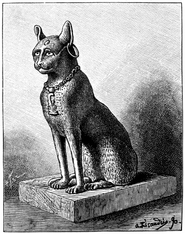 Antique illustration of Egyptian cat bronze statue