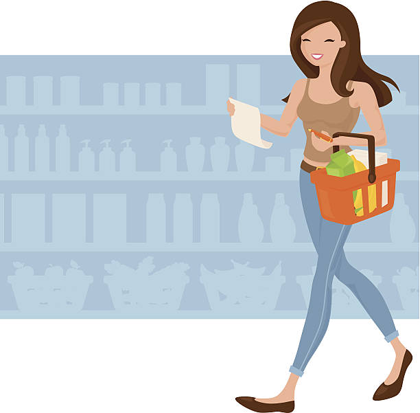 Grocery Shopping Woman shopping for groceries. holding shopping basket stock illustrations