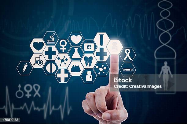 Hand Pressing Modern Medical Button Stock Photo - Download Image Now - Healthcare And Medicine, Icon, Choice