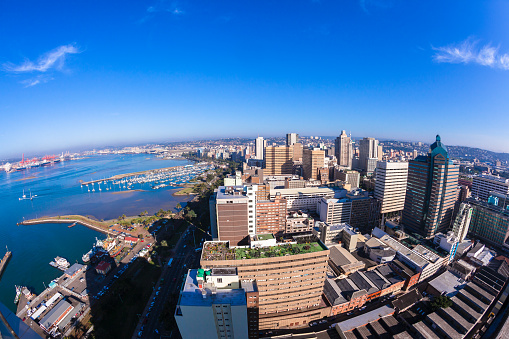 Durban, South Africa - July 12, 2013: Durban City harbor port landscape from birds-eye air position.
