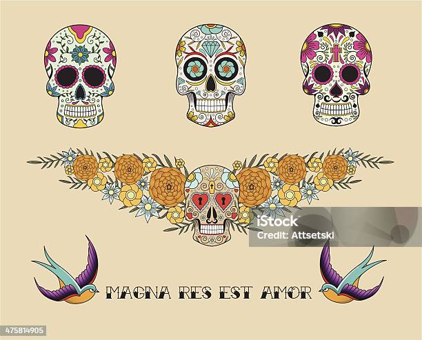 Set Of Skulls In Mexican Tradition Stock Illustration - Download Image Now - Animal Body Part, Animal Wing, Bird