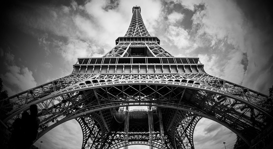 A fisheye shot from below the Eiffel Tower.