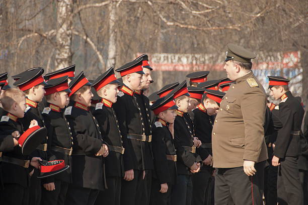 Officer inspects cadets of Mikhailovsky Cadet Corps in Voronezh, Russia. stock photo