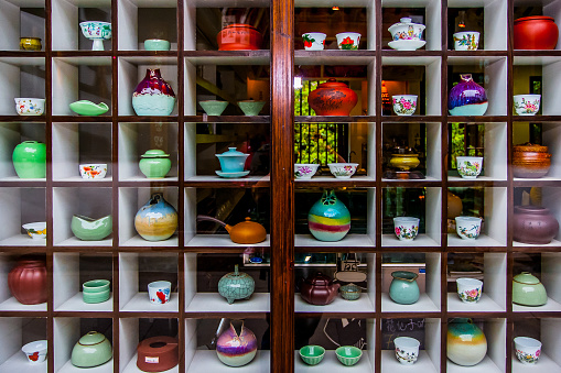 Zhouzhuang, China - April 8, 2012: Store window of a china shop in Zhouzhuang, China. Zhouzhuang is a famous water town in China, it is well known for its beautiful watery views and preserved ancient architectures. 