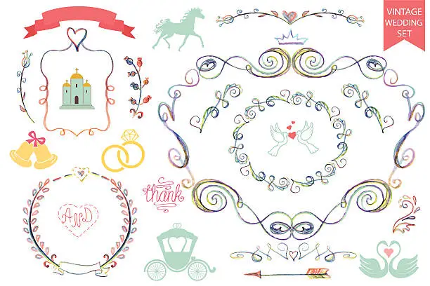 Vector illustration of Vintage wedding icons,Floral doodle Decor set