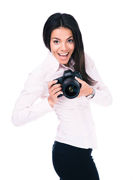 istock Happy woman photographer with camera 475828660
