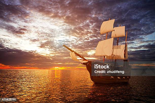 Ancient Ship In The Sea Stock Photo - Download Image Now - Tall Ship, Ship, Old