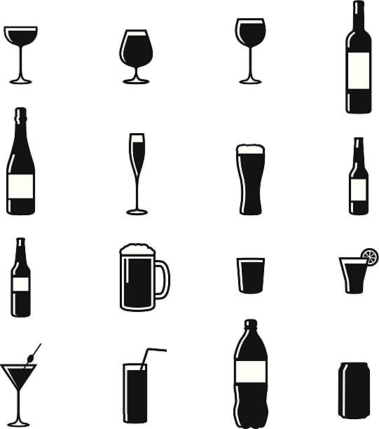 satz von 16 getränke schwarz & weiße silhouette vektor-illustrationen - wine wine bottle drink alcohol stock-grafiken, -clipart, -cartoons und -symbole