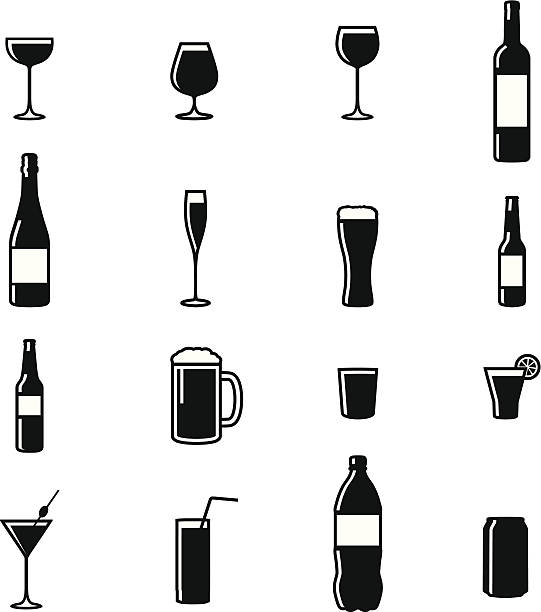 세트마다 16 음료 블랙 & 인명별 실루엣 벡터 일러스트 - wine bottle wineglass wine bottle stock illustrations