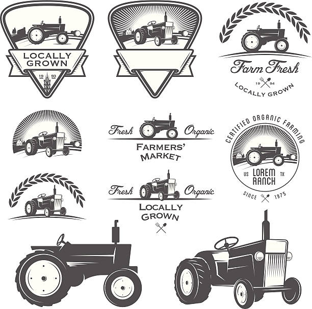 satz von retro landwirtschaft etiketten, abzeichen und design-elemente - traktor stock-grafiken, -clipart, -cartoons und -symbole