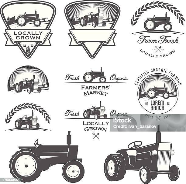 Ensemble Détiquettes Et De Badges Rétro De Lagriculture Et Des Éléments De Conception Vecteurs libres de droits et plus d'images vectorielles de Tracteur