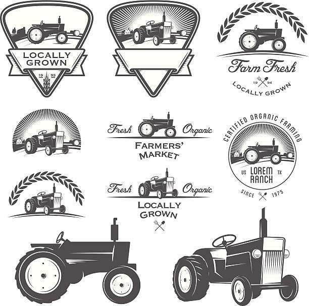 ilustrații de stoc cu set de etichete retro agricole, insigne și elemente de design - tractor