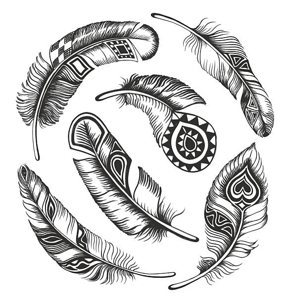 Black feather circle ornament Black feathers in Indian style are arranged in a circle. Isolated ornament on white background. Vector. EPS10 Cherokee stock illustrations