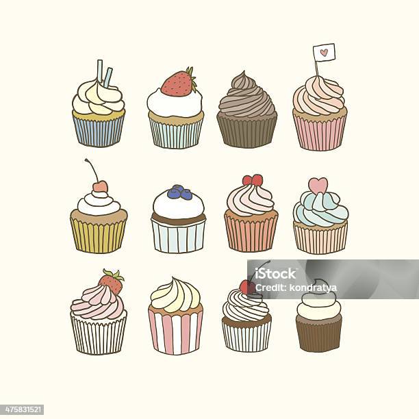 Set Of 12 Vector Hand Drawn Cupcakes Stock Illustration - Download Image Now - Vector, Baked Pastry Item, Bakery