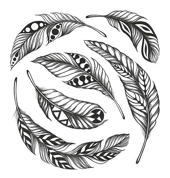 Black-on-white feather shaman circle ornament Black-on-white feathers in Indian style are arranged in a circle. Isolated on white background. Vector. EPS10 comanche indians stock illustrations