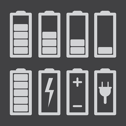 Set of battery charge level indicators isolated on grey
