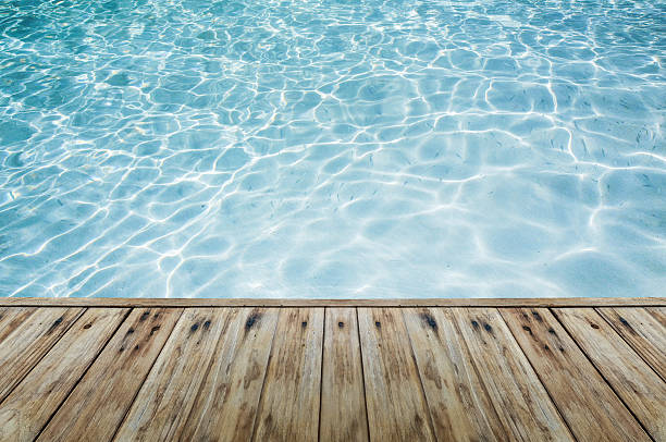 istock wood floor beside the blue crystal clear water. 475834998