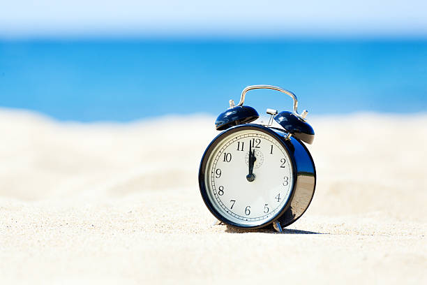 istock Beach Time, An Old Fashion Alarm Clock on Sandy Beach 475835482