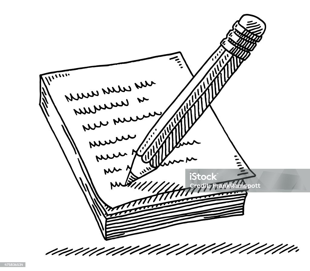 Pencil Writing A Message On Notepad Drawing Hand-drawn vector drawing of a Pencil Writing A Message On a Notepad. Black-and-White sketch on a transparent background (.eps-file). Included files are EPS (v10) and Hi-Res JPG. Writing - Activity stock vector