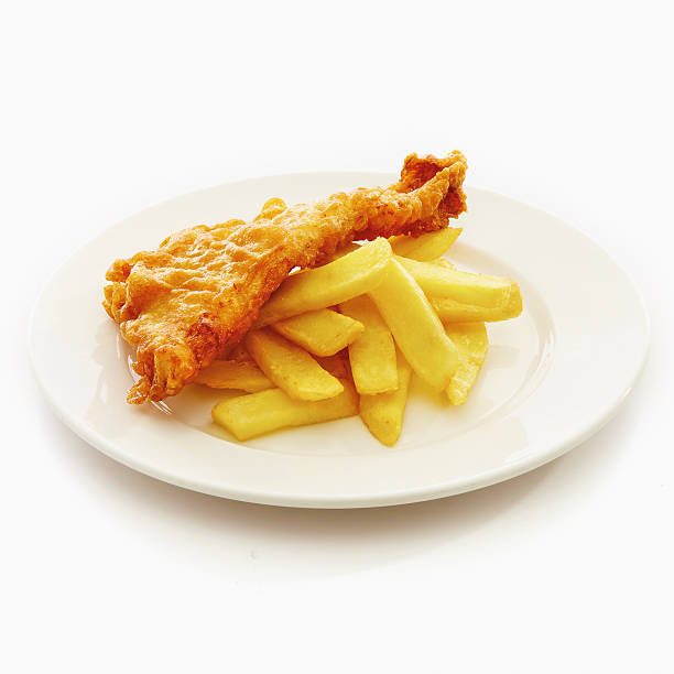 Fried fish with french fries in plate on a white background