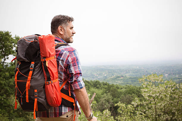 Mature man hiking in the forest.  Standing with backpack and looking at view. Rear view.