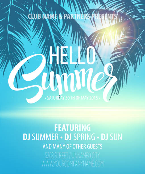 ilustraciones, imágenes clip art, dibujos animados e iconos de stock de hola summer beach party flyer.   vector diseño - celebration silhouette back lit sunrise