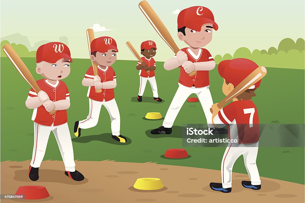 Dzieci w baseball praktyce - Grafika wektorowa royalty-free (Baseball)