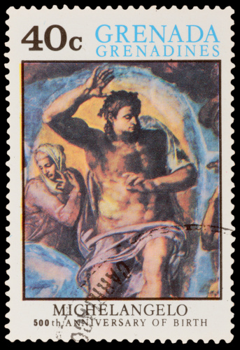 GRENADA - CIRCA 1975: A stamp printed in the GRENADA, shows Michelangelo Buonarroti, 500th Anniversary of birth, circa 1975