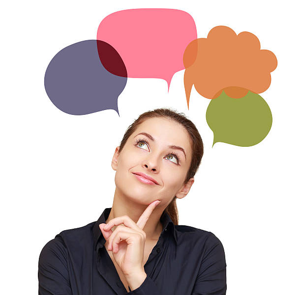 istock Thinking woman with many colorful chart bubbles above isolated 475853923