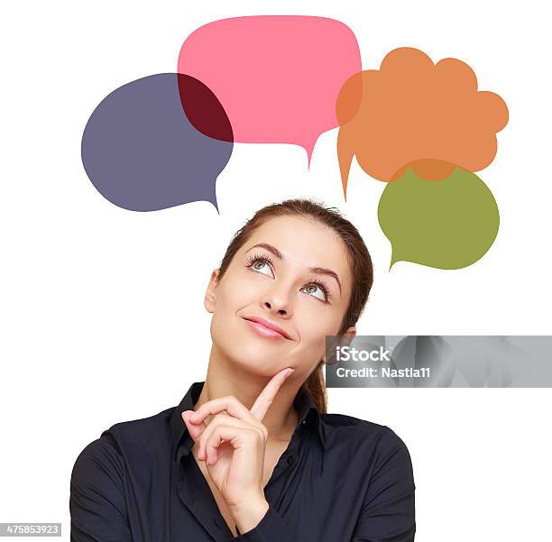 Thinking Woman With Many Colorful Chart Bubbles Above Isolated Stock Photo - Download Image Now